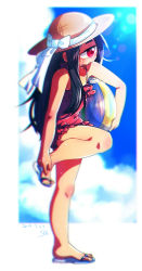 Rule 34 | 1girl, adjusting footwear, ball, beachball, black hair, blue sky, blurry, blurry background, blush, bow, cloud, cyclops, dated, day, depth of field, frilled swimsuit, frills, hat, hat bow, head tilt, highres, holding, holding ball, hot, long hair, muku-chan (muroku), muroku (aimichiyo0526), one-eyed, one-piece swimsuit, original, parted lips, red eyes, red one-piece swimsuit, sandals, signature, sky, solo, standing, standing on one leg, sun hat, sweat, swimsuit, white bow, x x