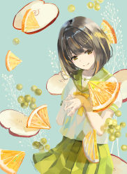 Rule 34 | 1girl, apple, apple slice, blue background, bob cut, bow, brown eyes, brown hair, closed mouth, commentary request, fingernails, fingers together, food, fruit, grapes, green sailor collar, green skirt, hands up, head tilt, highres, looking at viewer, md5 mismatch, naruse chisato, orange (fruit), orange slice, original, pleated skirt, puffy short sleeves, puffy sleeves, red apple, resolution mismatch, sailor collar, school uniform, serafuku, shirt, short hair, short sleeves, skirt, smile, solo, source larger, white shirt, yellow bow