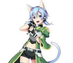 Rule 34 | 1girl, :d, animal ears, armor, black ribbon, black shorts, blue eyes, blue hair, bow, breastplate, cat ears, cat tail, contrapposto, cowboy shot, detached sleeves, hair bow, hair ribbon, hand in own hair, idol, midriff, navel, open mouth, ribbon, short hair with long locks, short shorts, shorts, sidelocks, sinon (sao-alo), smile, solo, standing, stomach, sword art online, tail, transparent background