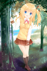 Rule 34 | 10s, 1girl, :d, bad id, bad pixiv id, black socks, blonde hair, blue eyes, blurry, blurry background, blush, breasts, brown footwear, brown ribbon, brown skirt, collared shirt, comic girls, commentary request, day, depth of field, dress shirt, forest, hair between eyes, hair ribbon, highres, kneehighs, koizuka koyume, leaning to the side, loafers, long hair, long sleeves, looking at viewer, medium breasts, nature, one side up, open mouth, outdoors, pleated skirt, ribbon, shiraki shiori, shirt, shoes, skirt, sleeves past wrists, smile, socks, solo, standing, sweater vest, teeth, tree, upper teeth only, white shirt