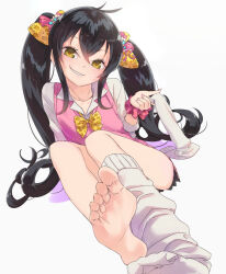 Rule 34 | 1girl, black hair, blush, bow, bowtie, breasts, collarbone, feet, hair between eyes, hair bow, hair ornament, hair ribbon, hand up, holding sock, idolmaster, idolmaster cinderella girls, idolmaster cinderella girls starlight stage, kawaty, knees up, long hair, long sleeves, looking at viewer, matoba risa, open mouth, pink ribbon, pink scrunchie, pink sweater vest, print bow, print bowtie, print ribbon, ribbon, scrunchie, shirt, simple background, single sock removed, sitting, skirt, small breasts, smile, soles, solo, star (symbol), star hair ornament, sweater vest, toes, twintails, white background, white shirt, wrist scrunchie, yellow bow, yellow bowtie, yellow eyes, yellow ribbon