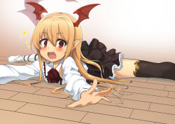 Rule 34 | 1girl, bat wings, black skirt, black thighhighs, blonde hair, blush, boots, collared shirt, facing viewer, fang, flower, frilled skirt, frills, hair between eyes, head wings, highres, long hair, long sleeves, looking at viewer, lying, momio, on floor, on stomach, open mouth, pointy ears, red eyes, red flower, red rose, rose, running bond, shingeki no bahamut, shirt, skirt, smile, solo, sparkle, split, spread legs, straddle split, tail, thighhighs, vampy, white footwear, white shirt, wings, wooden floor