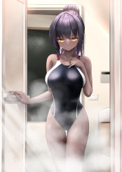 Rule 34 | 1girl, bare arms, bare legs, bare shoulders, bathroom, black hair, black one-piece swimsuit, blue archive, blush, breasts, c.u.wa, collarbone, competition swimsuit, covered navel, cowboy shot, dark-skinned female, dark skin, hair bun, hand on own chest, highleg, highleg swimsuit, highres, indoors, karin (blue archive), large breasts, looking at viewer, one-piece swimsuit, parted lips, single hair bun, solo, standing, steam, swimsuit, thigh gap, yellow eyes