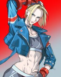 Rule 34 | abs, absurdres, blonde hair, blue eyes, cammy white, crop top, fingerless gloves, gloves, hand on own hip, highres, jacket, leather, leather jacket, nshi, spikes, street fighter, street fighter 6, studded