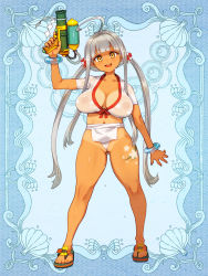 Rule 34 | 1girl, :d, arm up, bare legs, blue background, blunt bangs, bracelet, breasts, feet, flip-flops, full body, fundoshi, gluteal fold, head tilt, japanese clothes, jewelry, large breasts, long hair, looking at viewer, navel, nipples, one-piece swimsuit, open mouth, panties, psychic hearts, ryoji (nomura ryouji), sandals, see-through, shirt, sidelocks, silver hair, smile, solo, standing, swimsuit, tan, tanline, tattoo, trigger discipline, twintails, underwear, very long hair, water gun, wet, wet clothes, wet shirt, white panties, yellow eyes