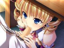 Rule 34 | blonde hair, blue eyes, bow, censored, cum, curly hair, drill hair, fellatio, koihime musou, oral, penis, ribbon, sousou (koihime musou), twintails, under table