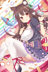 Rule 34 | 1girl, :d, animal ears, ass, bad id, bad pixiv id, bell, black dress, blush, bow, box, breasts, brown eyes, brown hair, cat ears, collar, cup, dress, unworn eyewear, garter straps, gift, gift box, grey footwear, hair bow, hair ornament, hair ribbon, hairclip, highres, holding, holding removed eyewear, jingle bell, large breasts, long hair, looking at viewer, looking to the side, neck bell, open mouth, orange bow, original, pleated dress, polka dot, polka dot bow, purple-framed eyewear, purple collar, red bow, ribbon, safety pin, saucer, semi-rimless eyewear, shoes, sidelocks, smile, solo, star (symbol), star hair ornament, tea, teacup, thighhighs, tsubaki (yi), under-rim eyewear, very long hair, white ribbon, yellow bow