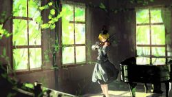 Rule 34 | 1girl, blonde hair, dress, closed eyes, hat, instrument, kaatoso, lunasa prismriver, music, overgrown, piano, playing instrument, short hair, smile, solo, standing, touhou, violin