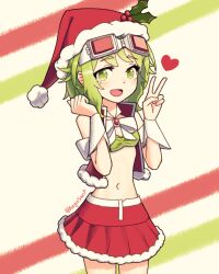 Rule 34 | 1girl, aegissanp, blush, bow, breasts, brooch, christmas, commentary, cowboy shot, english commentary, fur-trimmed skirt, fur-trimmed vest, fur trim, goggles, goggles on head, green eyes, green hair, gumi, hat, heart, highres, holly, holly hat ornament, jewelry, looking at viewer, midriff, navel, open mouth, santa costume, santa hat, short hair, skirt, small breasts, smile, solo, strapless, tube top, v, vest, vocaloid, wrist cuffs