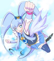 Rule 34 | 1girl, :d, arakawa tarou, black vest, blue bow, blue eyes, blue hair, blue neckwear, blue skirt, blue sleeves, blue thighhighs, blush, bow, brooch, crown, cure princess, detached sleeves, floating hair, full body, hair bow, happinesscharge precure!, heart, heart brooch, highres, long hair, looking at viewer, mini crown, miniskirt, open mouth, outstretched arms, pleated skirt, precure, shiny clothes, shiny legwear, skirt, smile, solo, thighhighs, twintails, v-shaped eyebrows, very long hair, vest, zettai ryouiki