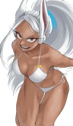 Rule 34 | 1girl, absurdres, animal ears, bikini, boku no hero academia, breasts, cleavage, commentary, crescent, crescent pin, dark-skinned female, dark skin, female focus, fengling (furin-jp), grin, highres, long hair, looking at viewer, medium breasts, mirko, muscular, muscular female, navel, open mouth, ponytail, rabbit ears, rabbit girl, rabbit tail, red eyes, side-tie bikini bottom, smile, solo, stomach, swimsuit, tail, white background, white bikini, white hair