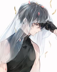 Rule 34 | 1boy, bishounen, black eyes, black gloves, black hair, black shirt, confetti, falling petals, gloves, i became a god in a horror game, looking at another, male focus, petals, shirt, tavel, upper body, veil, zaphylla
