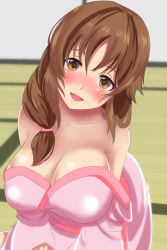 Rule 34 | 1girl, absurdres, alternate costume, alternate hairstyle, bare shoulders, blush, breasts, brown eyes, brown hair, cleavage, commentary request, drunk, hair over shoulder, highres, idolmaster, idolmaster cinderella girls, japanese clothes, kimono, large breasts, leaning forward, long hair, looking at viewer, noizou (zatuo008), open mouth, smile, solo, totoki airi, yukata
