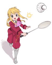 Rule 34 | androgynous, badminton racket, blonde hair, boots, ascot, from above, gender request, grey eyes, ito fumi, male focus, open mouth, ponytail, racket, shuttlecock, smile, solo, umineko no naku koro ni, ushiromiya lion