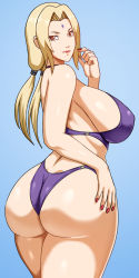 Rule 34 | 1girl, ass, blonde hair, blue background, breasts, brown eyes, highleg, highleg swimsuit, highres, huge ass, huge breasts, long hair, looking at viewer, looking back, mature female, nail polish, naruto, naruto (series), naruto shippuuden, one-piece swimsuit, pinkpawg, purple one-piece swimsuit, shiny skin, simple background, skindentation, smile, solo, swimsuit, thighs, tsunade (naruto), twintails, wide hips
