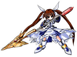Rule 34 | 00s, 1girl, ankle boots, armor, armored boots, black gloves, blue eyes, boots, brown eyes, brown hair, contrapposto, dress, fingerless gloves, full body, gloves, legs apart, long sleeves, looking at viewer, lyrical nanoha, magical girl, mahou shoujo lyrical nanoha, mahou shoujo lyrical nanoha strikers, raising heart, raising heart (exceed mode), simple background, solo, standing, takamachi nanoha, takamachi nanoha (exceed mode), twintails, white background, white dress