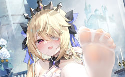 Rule 34 | bare shoulders, blonde hair, blush, candle, castle, chen bin, eyepatch, feet, fischl (ein immernachtstraum) (genshin impact), fischl (genshin impact), flower, fog, foot focus, foreshortening, gem, genshin impact, hair over one eye, hand in own hair, highres, light particles, light rays, long hair, looking at viewer, no shoes, official alternate costume, open mouth, purple eyes, purple gemstone, rose, sky, smile, soles, spread toes, star (sky), starry sky, sweat, thighhighs, tiara, toes, white flower, white rose, white thighhighs