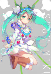 Rule 34 | 1girl, boots, capelet, character name, flower, green eyes, green hair, hatsune miku, highres, lily of the valley, long hair, matching hair/eyes, miebao, sketch, smile, snowflake print, solo, twintails, very long hair, vocaloid, yuki miku