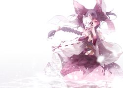 Rule 34 | 1girl, alternate hairstyle, ascot, blush, bow, braid, brown hair, covering one eye, detached sleeves, fox mask, gradient background, hair bow, hair ornament, hair tubes, hakurei reimu, japanese clothes, long hair, long sleeves, looking at viewer, mask, miko, noh mask, partially submerged, petals, ponytail, shirt, shunsuke, single braid, skirt, skirt set, smile, solo, string, touhou, water, wide sleeves