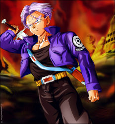 Rule 34 | &gt;:|, 1boy, :|, belt, black shirt, blouse, blue eyes, blue hair, clenched hand, closed mouth, condemned2love, dragon ball, dragonball z, highres, holding, holding sword, holding weapon, jacket, male focus, md5 mismatch, muscular, pectoral cleavage, pectorals, resized, resolution mismatch, sheath, shirt, shirt tucked in, solo, source smaller, sword, trunks (dragon ball), trunks (future) (dragon ball), upscaled, v-shaped eyebrows, weapon
