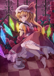Rule 34 | 1girl, :o, ankle cuffs, barefoot, blonde hair, checkered floor, cloud, cloudy sky, cup, flandre scarlet, floor, flower, fork, hat, hat ribbon, highres, li luo, looking back, md5 mismatch, night, red eyes, ribbon, rose, short hair, side ponytail, skirt, skirt set, sky, solo, teacup, touhou, wings