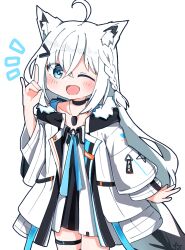 Rule 34 | 1girl, :d, ahoge, animal ear fluff, animal ears, black choker, black dress, blue eyes, blush, braid, chibi, choker, commentary, dog tags, dress, fox ears, fox girl, fox shadow puppet, fur-trimmed jacket, fur trim, hair between eyes, hair ornament, hairclip, hand up, hololive, jacket, long hair, looking at viewer, microdress, official alternate costume, official alternate hair length, official alternate hairstyle, open clothes, open jacket, open mouth, rabiiandrain, shirakami fubuki, shirakami fubuki (1st costume), shirakami fubuki (fubukitek), side braid, simple background, smile, solo, virtual youtuber, white background, white dress, white hair, white jacket