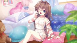 Rule 34 | 1girl, bare legs, bedroom, blue eyes, blurry, blurry foreground, brown hair, curtains, dot nose, drawing (object), dutch angle, film grain, full-length zipper, futon, game cg, hair down, hair intakes, heart, heart-shaped pillow, indoors, izumi tsubasu, lens flare, long hair, long sleeves, non-web source, official art, one eye closed, open clothes, open mouth, pajamas, pillow, plant, polka dot, re:stage!, shikimiya aone, single off shoulder, sitting, skirt, solo, sparkle, striped clothes, striped sweater, stuffed animal, stuffed rabbit, stuffed toy, sweater, tank top, teddy bear, white skirt, white tank top, window, wooden floor, yawning, zipper