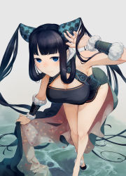 Rule 34 | 1girl, bare shoulders, black dress, black footwear, black hair, blue eyes, blunt bangs, blush, breasts, china dress, chinese clothes, cleavage, closed mouth, detached sleeves, double bun, dress, fate/grand order, fate (series), floral print, grey background, hair bun, hair ornament, hand up, high heels, highres, large breasts, leaning forward, legs, long hair, looking at viewer, medium breasts, mori yashiro (konkon oyashiro), side slit, sidelocks, smile, solo, standing, twintails, very long hair, water, yang guifei (fate), yang guifei (second ascension) (fate)