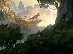 Rule 34 | cliff, cloud, commentary, company name, day, dinosaur, english commentary, fantasy, gishath, greg rutkowski, landscape, magic: the gathering, mountain, mountainous horizon, no humans, official art, open mouth, outdoors, plant, realistic, rock, scenery, simple bird, sky, solo, tree, vines, wide shot, yellow sky