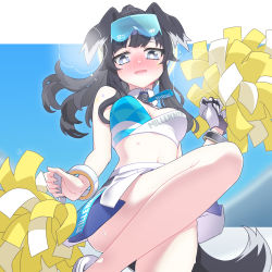 Rule 34 | 1girl, animal ears, black hair, blue archive, blush, breasts, cheerleader, crop top, dog ears, dog girl, dog tail, eyewear on head, from below, goggles, goggles on head, halo, hibiki (blue archive), hibiki (cheer squad) (blue archive), kuma (bear ubear), leg up, long hair, looking at viewer, medium breasts, midriff, millennium cheerleader outfit (blue archive), navel, nose blush, open mouth, pleated skirt, pom pom (cheerleading), skirt, sleeveless, solo, tail