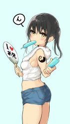 Rule 34 | 1girl, ass, bare arms, bare shoulders, black hair, blue background, blue shorts, blush, breasts, denim, denim shorts, from side, hair between eyes, hand fan, highres, holding, holding fan, long hair, looking at viewer, looking to the side, minamura haruki, mouth hold, original, paper fan, short shorts, shorts, sidelocks, simple background, small breasts, solo, tank top, towel, towel around neck, translation request, twintails, white tank top, yellow eyes