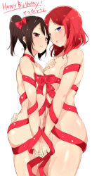 Rule 34 | 10s, 2girls, alp, black hair, blush, breasts, hand on own ass, looking at viewer, love live!, love live! school idol project, multiple girls, naked ribbon, nishikino maki, nude, purple eyes, red eyes, red hair, ribbon, short hair, small breasts, take your pick, twintails, yazawa nico, yuri