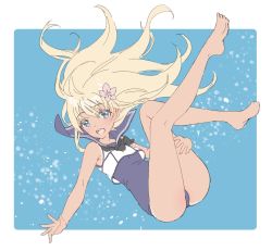 Rule 34 | 1girl, bad id, bad twitter id, barefoot, black neckerchief, blonde hair, blue eyes, blue one-piece swimsuit, blue sailor collar, crop top, flower, hair flower, hair ornament, kantai collection, long hair, looking at viewer, neckerchief, one-piece swimsuit, one-piece tan, ro-500 (kancolle), sailor collar, school swimsuit, shiosoda, smile, solo, swimsuit, swimsuit under clothes, tan, tanline, underwater