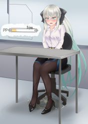 Rule 34 | 1girl, absurdres, belt, between legs, black bow, black footwear, black pantyhose, black skirt, blue eyes, blue hair, blue trim, blush, bow, braid, breasts, buttons, chair, collarbone, collared shirt, embarrassed, fate/grand order, fate (series), female focus, full body, gameplay mechanics, gradient hair, grey hair, hair bow, hand between legs, have to pee, high heels, highres, ikayaki-san, indoors, knees together feet apart, long hair, long sleeves, looking down, medium breasts, miniskirt, morgan le fay (fate), multicolored hair, nose blush, office chair, office lady, on chair, open mouth, pantyhose, pee, peeing, peeing self, pencil skirt, ponytail, puddle, shirt, shirt tucked in, shoes, side slit, sidelocks, sitting, skirt, solo, swivel chair, table, textless version, two-tone hair, urine meter, very long hair, wet, wet clothes, white shirt