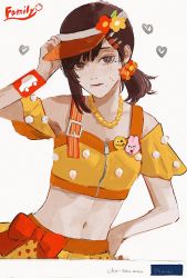 Rule 34 | 1girl, alternate costume, asymmetrical hair, bead necklace, beads, black eyes, black hair, blush, bow, breasts, chainsaw man, commentary, copyright name, cowboy shot, crop top, english text, flower, fuyukonbu, hair flower, hair ornament, hairclip, hand on own head, hand on own hip, hat, heart, higashiyama kobeni, highres, hyknbz, jewelry, looking at viewer, midriff, mole, mole under eye, mole under mouth, navel, necklace, orange bow, orange hat, parted lips, polka dot, polka dot skirt, pom pom (clothes), shirt, short hair, simple background, skirt, small breasts, solo, strap, sweatband, sweatdrop, traditional media, twitter username, visor cap, white background, wristband, yellow shirt, yellow skirt, zipper