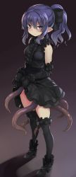 Rule 34 | 1girl, black dress, black gloves, black thighhighs, blush, clothes lift, detached sleeves, dress, dress lift, elbow gloves, frills, full body, gloves, high heels, itou ryuusei, lifted by self, looking at viewer, original, pointy ears, ponytail, purple eyes, purple hair, solo, tentacles, thighhighs