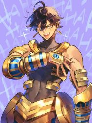 Rule 34 | 1boy, abs, ahoge, arm up, armor, bare shoulders, bikkusama, black hair, blush, brown hair, covered abs, covered navel, dark-skinned male, dark skin, earrings, egyptian clothes, fate/prototype, fate/prototype: fragments of blue and silver, fate (series), gradient hair, highres, jewelry, looking at viewer, male focus, multicolored hair, open mouth, ozymandias (fate), shirt, simple background, smile, solo, tight clothes, tight shirt, upper body, yellow eyes