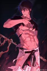 Rule 34 | 1boy, abs, absurdres, bara, black hair, chinese commentary, commentary request, eloseu (haribochase), fushiguro touji, highres, jujutsu kaisen, large pectorals, male focus, mature male, muscular, muscular male, pectorals, smile, solo, torn clothes