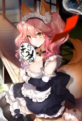 Rule 34 | 10s, 1girl, :3, animal ears, apron, black thighhighs, blurry, breasts, choker, cleavage, closed mouth, depth of field, detached sleeves, fate/extra, fate (series), fox ears, fox tail, hair between eyes, hand fan, large breasts, long hair, maid, maid headdress, official alternate costume, outdoors, paper fan, pink hair, shirako miso, sidelocks, sitting, solo, tail, tamamo (fate), tamamo no mae (fate/extra), tamamo no mae (tailmaid strike) (fate), thighhighs, twintails, uchiwa, yellow eyes