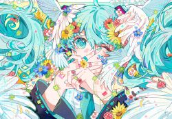 Rule 34 | 1girl, barcode, barcode tattoo, black sleeves, blue eyes, blue hair, blue nails, blue necktie, covering own mouth, detached sleeves, from above, hair between eyes, hair spread out, hatsune miku, head wings, highres, index finger raised, jewelry, long hair, long sleeves, looking at viewer, multiple rings, nail polish, necktie, one eye closed, portrait, ring, shirt, solo, sunfish3939, tattoo, twintails, vocaloid, white shirt, wings