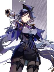 1girl aiming antique_firearm ascot black_corset blue_cape blue_capelet blue_hair breasts cape capelet clorinde_(genshin_impact) closed_mouth commentary_request corset dark_blue_hair earrings epaulettes firearm fold-over_gloves framed_breasts garter_straps genshin_impact gloves gun hair_between_eyes hat hat_feather highres holding holding_gun holding_sword holding_weapon jewelry large_breasts long_hair_between_eyes pantyhose pencil_skirt purple_ascot purple_eyes ria_wndhi shirt skirt solo sword taut_clothes taut_shirt thigh_strap tricorne weapon white_gloves