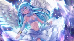 Rule 34 | 1girl, angel wings, aqua eyes, aqua hair, arm warmers, breasts, cleavage, feathers, glowing, halo, highres, long hair, looking at viewer, midriff, navel, original, scarf, see-through, solo, stomach, white feathers, wings, yatsuki yura