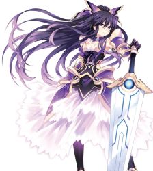 Rule 34 | 10s, 1girl, armor, armored dress, choker, date a live, dress, gloves, hair between eyes, highres, long hair, looking at viewer, pauldrons, ponytail, purple eyes, purple hair, serious, shoulder armor, simple background, solo, standing, sword, tsunako, very long hair, weapon, white background, yatogami tooka