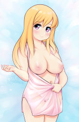 Rule 34 | absurdres, areola slip, bare arms, blonde hair, blush, breasts, breasts out, closed mouth, clothes pull, cloudxmoe, collarbone, cowboy shot, dress, dress pull, expressionless, hair between eyes, hand up, highres, inverted nipples, large breasts, light blush, long hair, navel, nipples, no bra, original, panties, pink dress, pink eyes, pulled by self, see-through, see-through dress, standing, swept bangs, underwear
