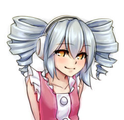 Rule 34 | 1girl, arms behind back, disc (needless), drill hair, frills, headphones, monorus, needless, portrait, silver hair, smile, solo, twin drills, yellow eyes