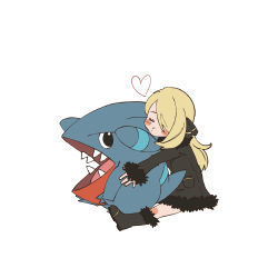 Rule 34 | 1girl, absurdres, aged down, akushitsu ningen, blonde hair, blush stickers, boots, closed eyes, closed mouth, coat, commentary request, creatures (company), cynthia (pokemon), eyelashes, from side, fur-trimmed coat, fur trim, game freak, gen 4 pokemon, gible, hair ornament, heart, highres, hug, hug from behind, korean commentary, long hair, long sleeves, nintendo, pokemon, pokemon (creature), pokemon dppt, simple background, sitting, sleeves past wrists, white background