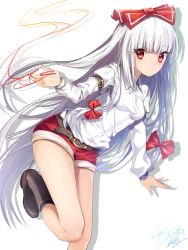 Rule 34 | 1girl, arm belt, belt, blunt bangs, bow, breasts, floating hair, fujiwara no mokou, hair bow, highres, leaning forward, leg up, long hair, looking at viewer, outstretched arms, red bow, red eyes, red ribbon, red shorts, ribbon, sea scorpion (umisasori), shiny skin, shirt, short shorts, shorts, signature, silver hair, simple background, small breasts, smile, solo, standing, standing on one leg, touhou, very long hair, white background, white shirt