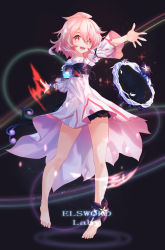Rule 34 | 1girl, :d, aa-aster, ankle flower, arm up, bare legs, barefoot, black background, black shorts, brooch, character name, child (elsword), copyright name, detached sleeves, dress, elsword, feet, full body, jewelry, laby (elsword), open mouth, pink hair, red eyes, short hair, shorts, smile, solo, teeth, toes, white dress, white sleeves
