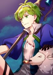 Rule 34 | 1boy, ahoge, animal, bell, black gloves, closed mouth, collarbone, david (fate), fate/grand order, fate (series), gloves, green eyes, green hair, hair between eyes, hair ornament, hairband, high collar, holding, holding staff, looking away, male focus, niu illuminator, open clothes, petting, sheep, short hair, smile, solo, staff, twitter username
