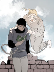 Rule 34 | 2boys, black hair, blonde hair, blue eyes, book, brick wall, broken wall, brown pants, brown shirt, chain, chained, chained legs, closed mouth, cloud, cloudy sky, commentary request, cowboy shot, daki info, dark-skinned male, dark skin, dungeon meshi, floating, full body, ghost, grey pants, grey sky, hand up, highres, holding, holding book, kabru, korean commentary, laios touden, leaning, long hair, long sleeves, male focus, multiple boys, open mouth, outdoors, pants, reading, ruins, shirt, short hair, sky, very short hair, yellow eyes